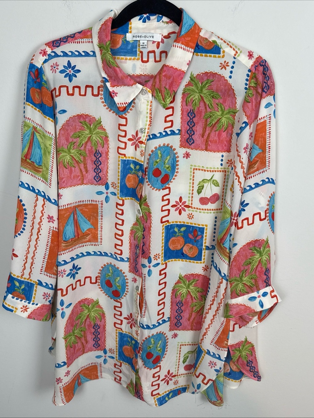 Rose + Olive Woven Peasant Top Blouse Shirt Boho Collared Tropical Fruit Plus 1X